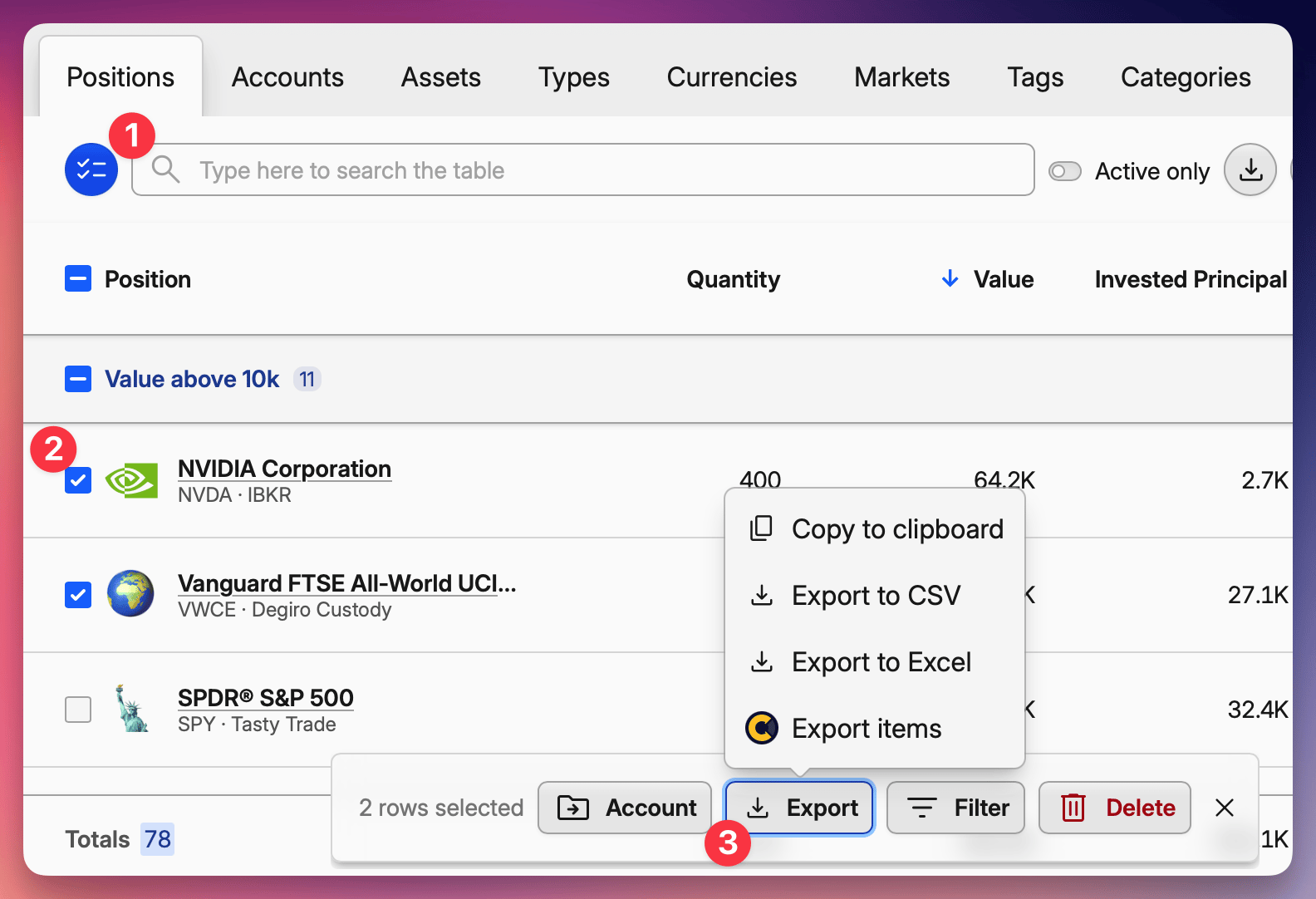 Screenshot of a financial portfolio interface showing selected assets, export options, and various account management features.